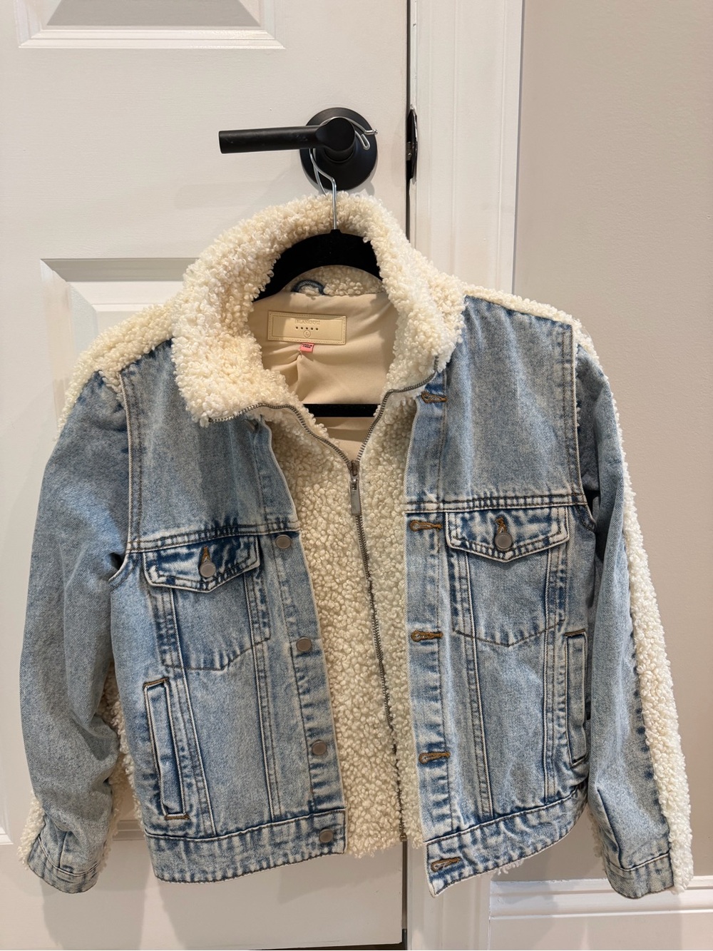 Blank NYC Light Blue Denim Jean Jacket with Cream Sherpa Lining